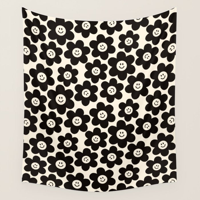 Retro Black & White Smiley Flower Pattern Wall Tapestry Gallery Image 4