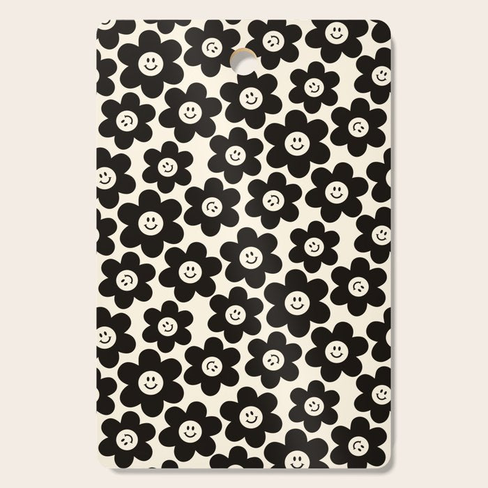 Retro Black & White Smiley Flower Pattern Cutting Board Gallery Image 1