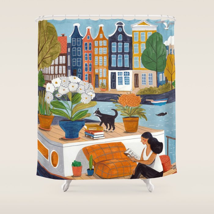 Woman on houseboat in Amsterdam Shower Curtain Gallery Image 1