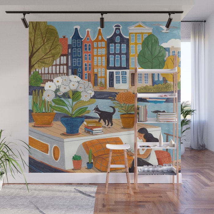 Woman on houseboat in Amsterdam Wall Mural Gallery Image 1