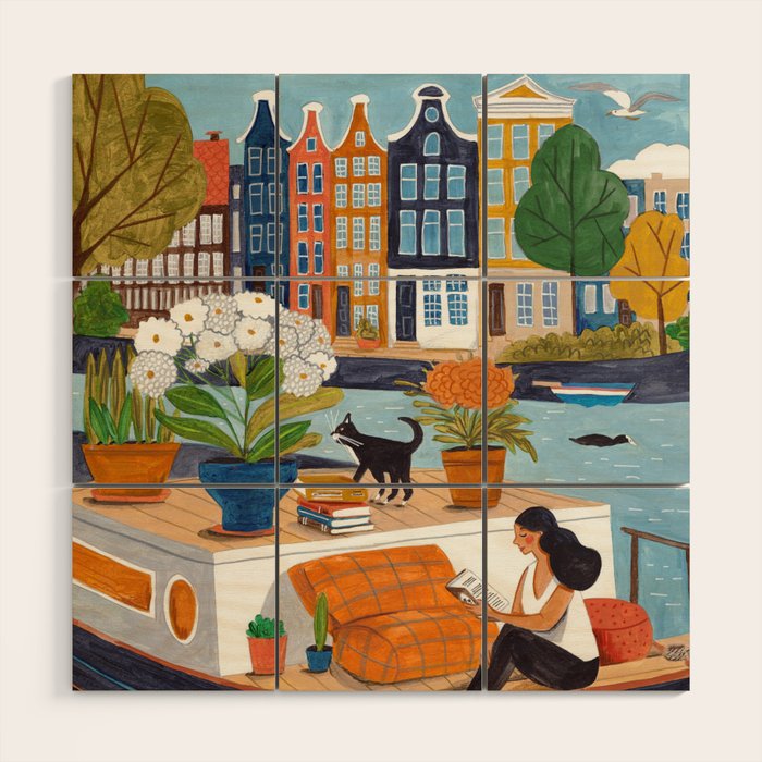 Woman on houseboat in Amsterdam Wood Wall Art Gallery Image 1