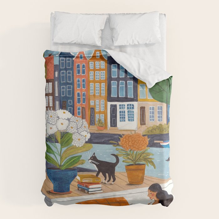 Woman on houseboat in Amsterdam Duvet Cover Gallery Image 1
