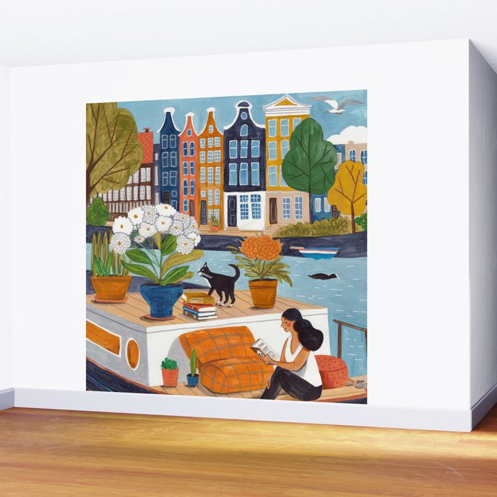 Woman on houseboat in Amsterdam Wall Mural Gallery Image 2
