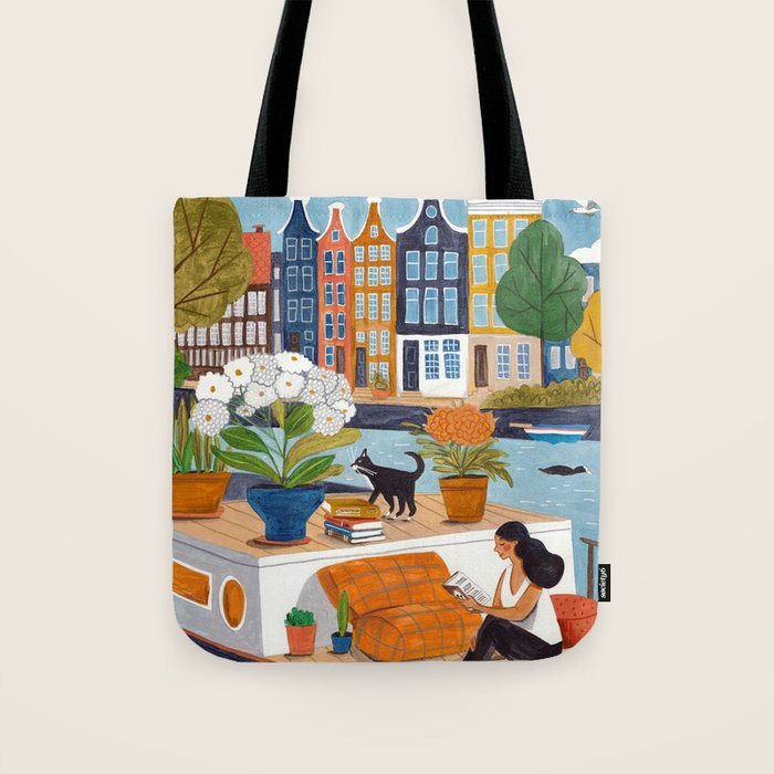 Woman on houseboat in Amsterdam Tote Bag Gallery Image 1