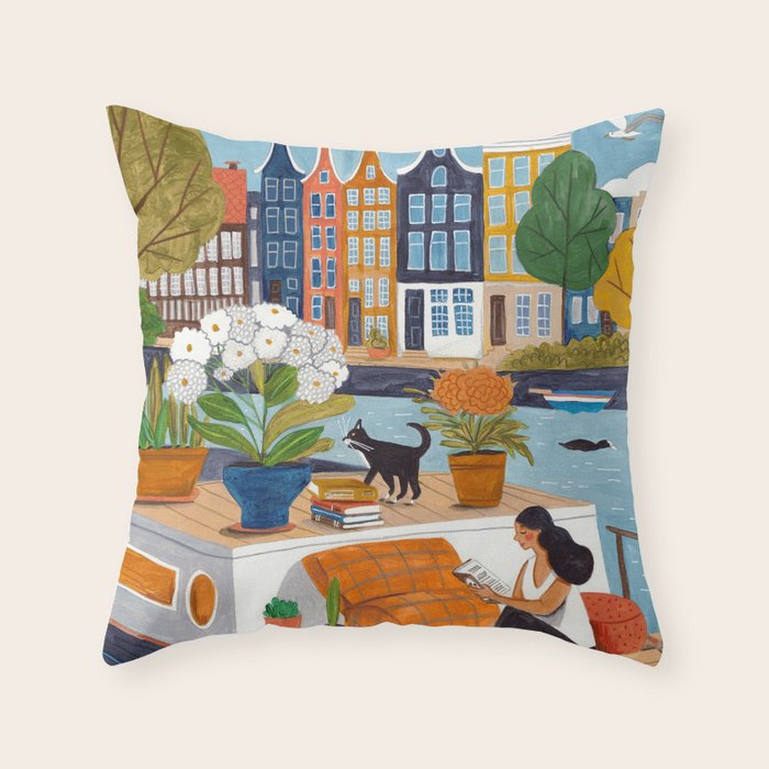 Woman on houseboat in Amsterdam Throw Pillow Gallery Image 6
