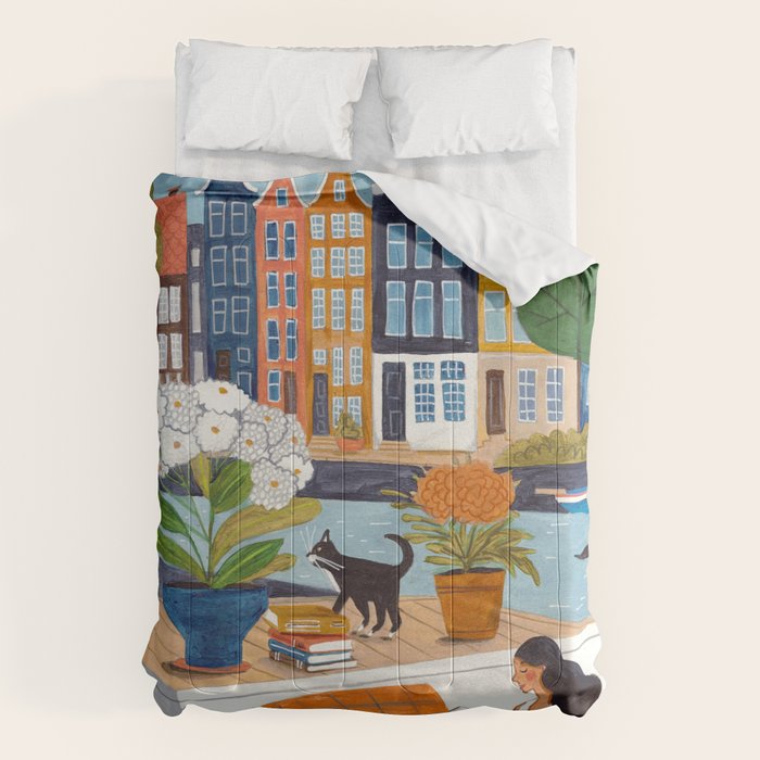 Woman on houseboat in Amsterdam Comforter Gallery Image 1