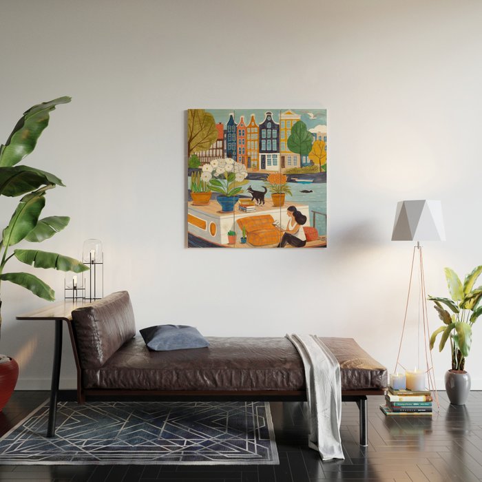 Woman on houseboat in Amsterdam Wood Wall Art Gallery Image 2