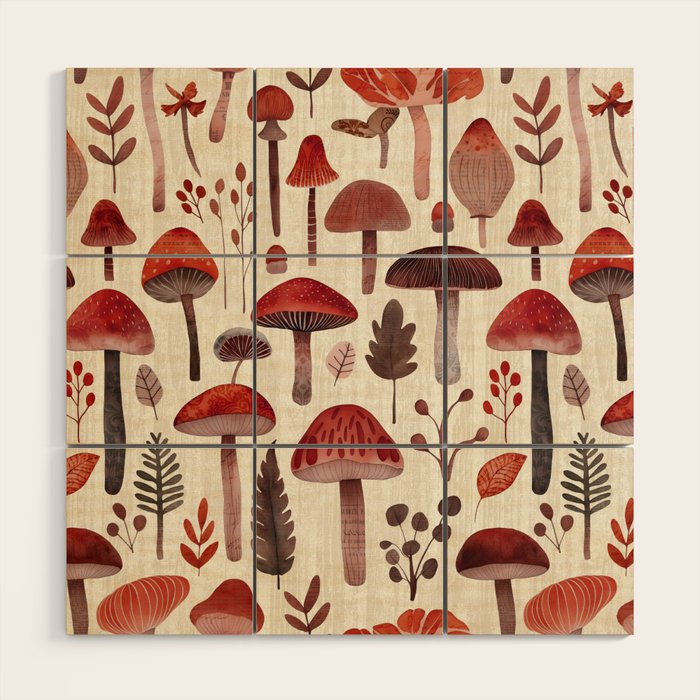 Cottagecore Mushroom Woodland Vintage Whimsy Red Wood Wall Art Gallery Image 1