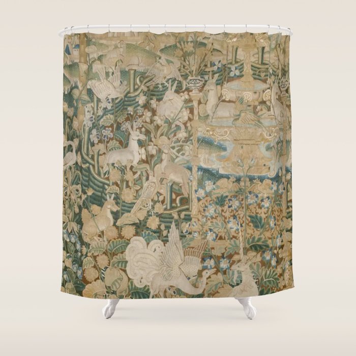 Antique 16th Century Flemish Gothic Woodland Animal Landscape Tapestry Shower Curtain Gallery Image 1
