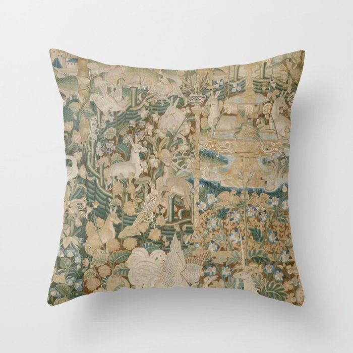 Antique 16th Century Flemish Gothic Woodland Animal Landscape Tapestry Throw Pillow Gallery Image 1
