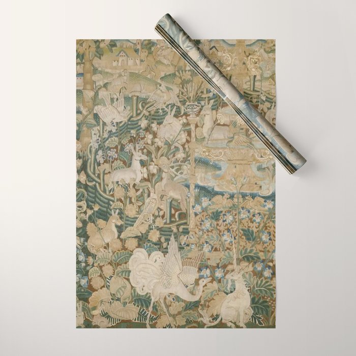 Antique 16th Century Flemish Gothic Woodland Animal Landscape Tapestry Wrapping Paper Gallery Image 1