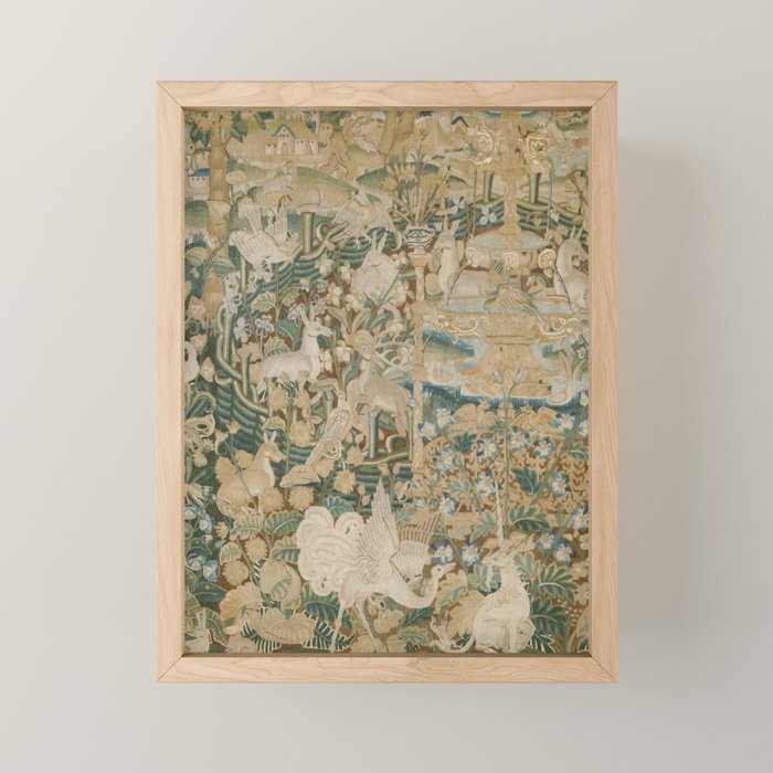 Antique 16th Century Flemish Gothic Woodland Animal Landscape Tapestry Mini Art Print Gallery Image 1