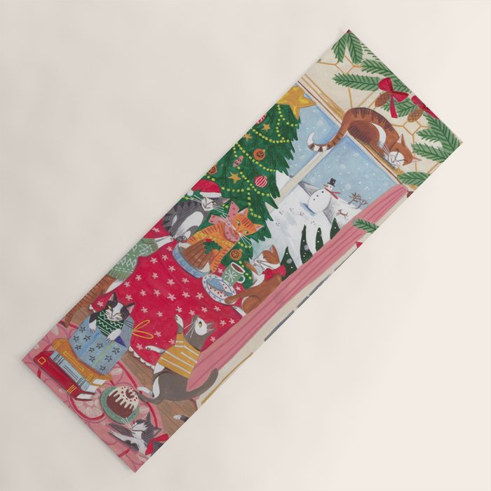Cats in the Window at a Snowy Christmas in Bright Colours Yoga Mat Gallery Image 1