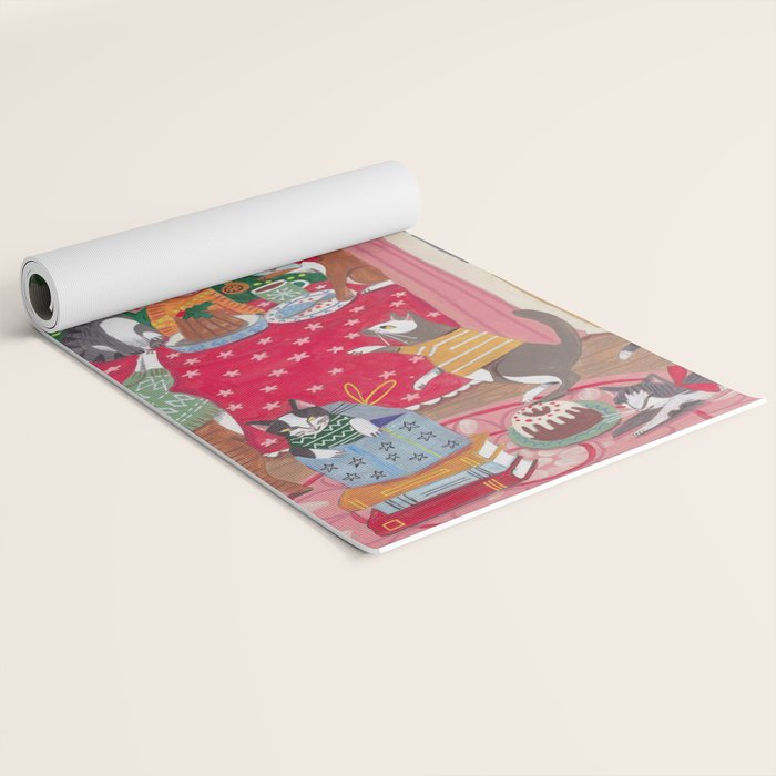 Cats in the Window at a Snowy Christmas in Bright Colours Yoga Mat Gallery Image 2