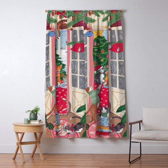 Cats in the Window at a Snowy Christmas in Bright Colours Window Curtain Gallery Image 5
