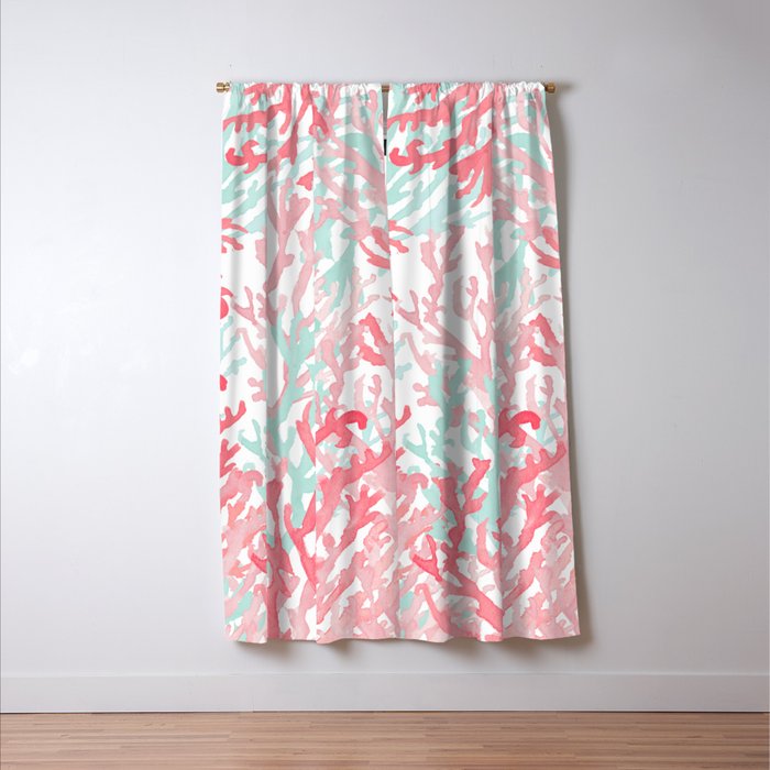 Modern hand painted coral pink teal reef coral floral Window Curtain Gallery Image 3