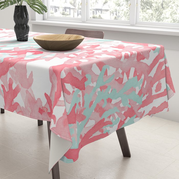 Modern hand painted coral pink teal reef coral floral Tablecloth Gallery Image 3