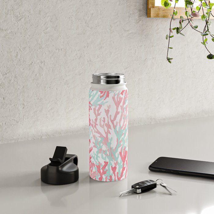 Modern hand painted coral pink teal reef coral floral Water Bottle Gallery Image 5