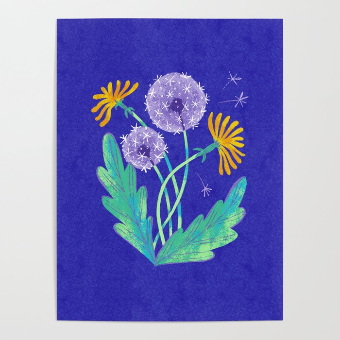 Dandelion Florals on Blue Poster Gallery Image 4