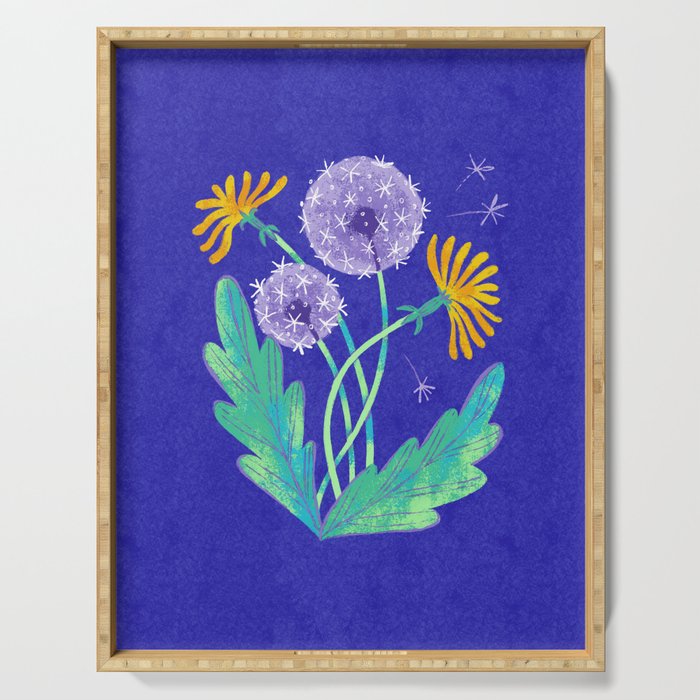 Dandelion Florals on Blue Serving Tray Gallery Image 1
