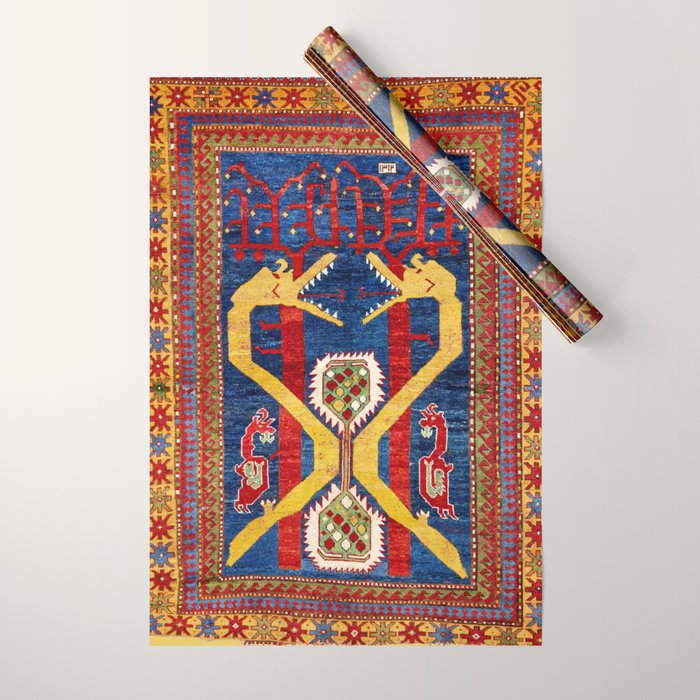Kazak Southwest Caucasus Antique Rug Print With Snakes Wrapping Paper Gallery Image 1