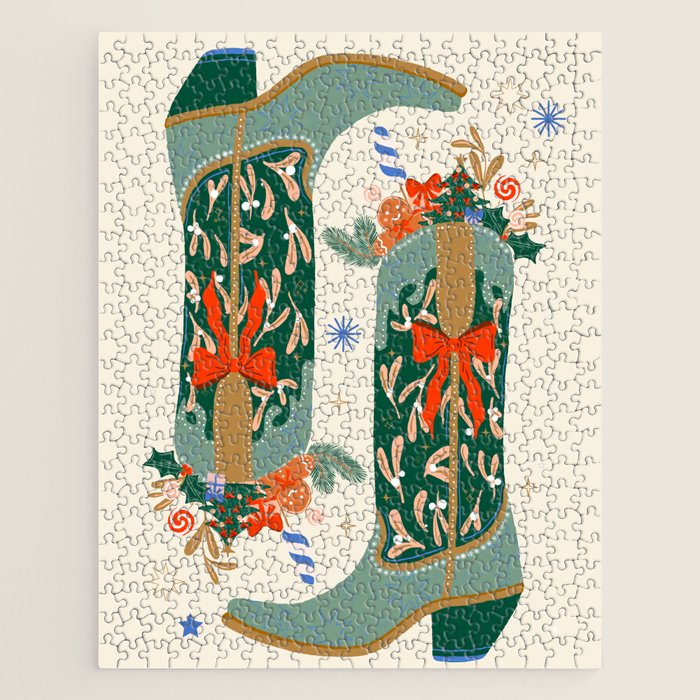 Festive Cowboy Boot Christmas Art  Whimsical Western Holiday Decor Jigsaw Puzzle Gallery Image 1