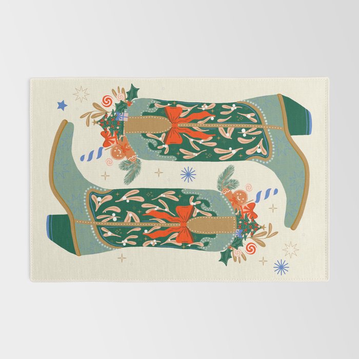 Festive Cowboy Boot Christmas Art  Whimsical Western Holiday Decor Rug Gallery Image 2
