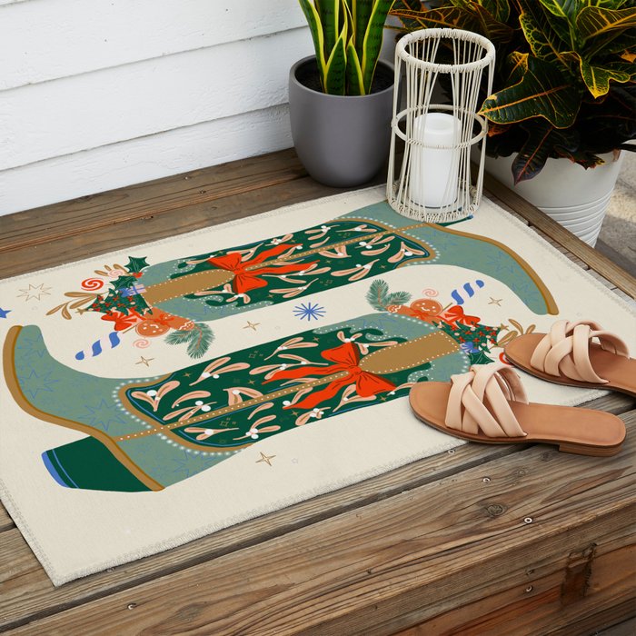 Festive Cowboy Boot Christmas Art  Whimsical Western Holiday Decor Outdoor Rug Gallery Image 2
