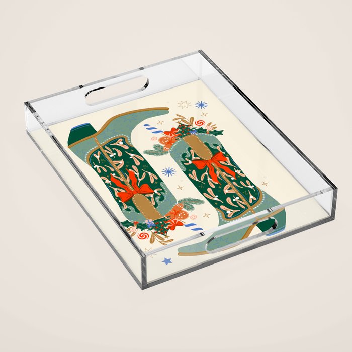 Festive Cowboy Boot Christmas Art  Whimsical Western Holiday Decor Acrylic Tray Gallery Image 1