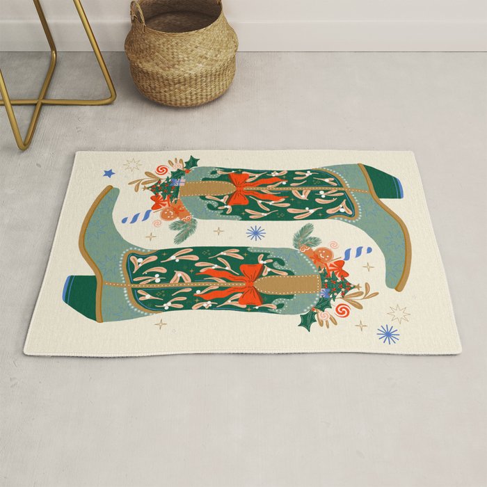 Festive Cowboy Boot Christmas Art  Whimsical Western Holiday Decor Rug Gallery Image 1