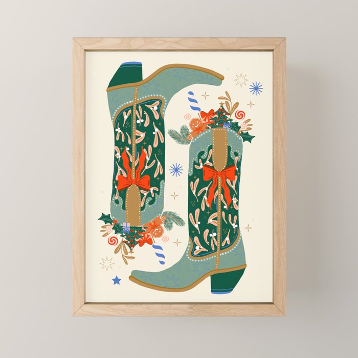 Festive Cowboy Boot Christmas Art  Whimsical Western Holiday Decor Mini Art Print Gallery Image 1