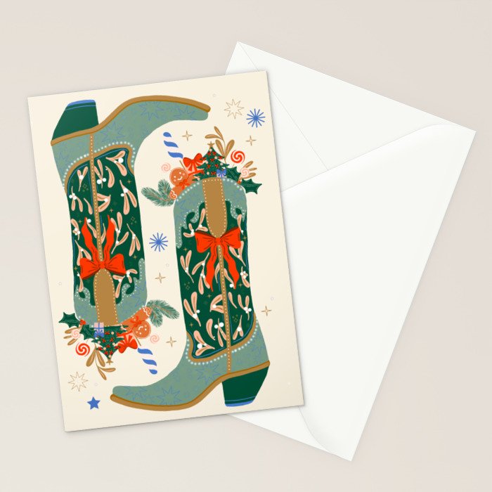 Festive Cowboy Boot Christmas Art  Whimsical Western Holiday Decor Stationery Card Gallery Image 2