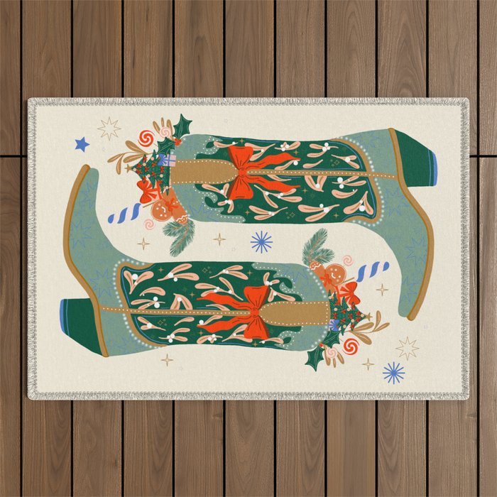 Festive Cowboy Boot Christmas Art  Whimsical Western Holiday Decor Outdoor Rug Gallery Image 1