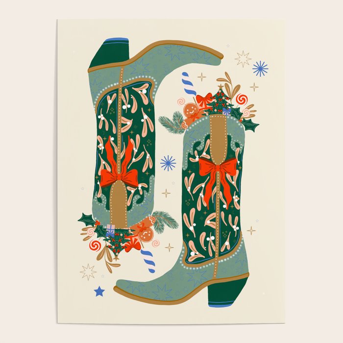 Festive Cowboy Boot Christmas Art  Whimsical Western Holiday Decor Poster Gallery Image 4