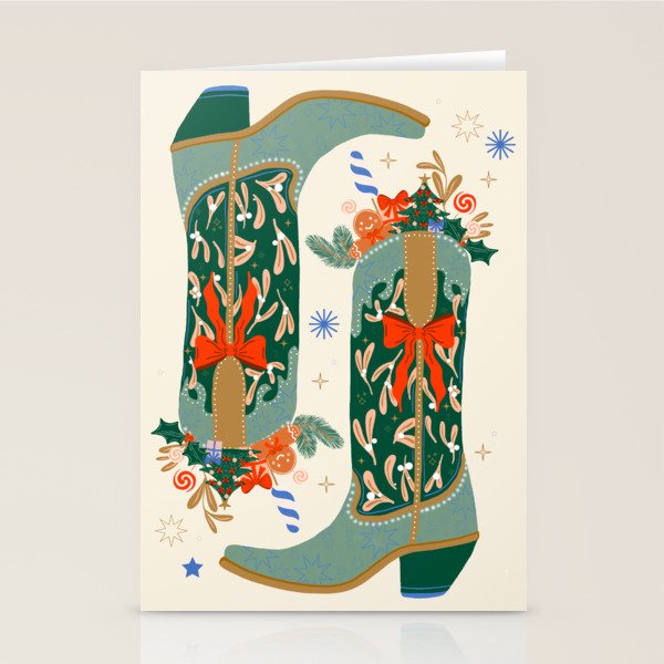 Festive Cowboy Boot Christmas Art  Whimsical Western Holiday Decor Stationery Card Gallery Image 2