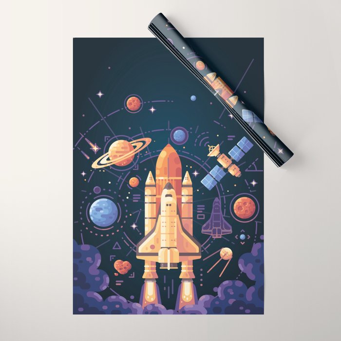 Space Rocket in Solar System Wrapping Paper Gallery Image 1
