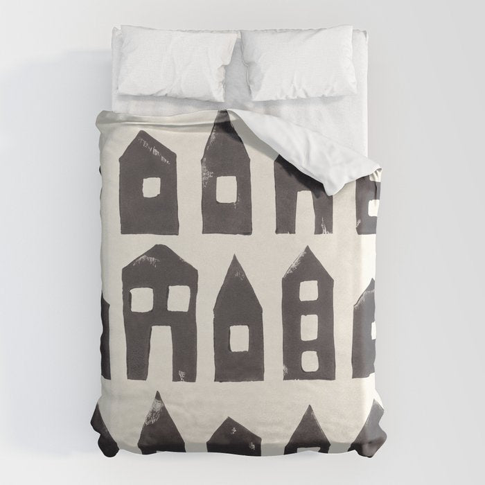 Tiny Houses #1 | Hand-printed Linocut Duvet Cover Gallery Image 1