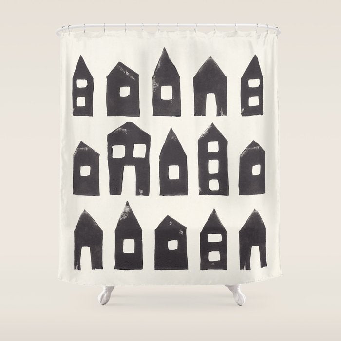 Tiny Houses #1 | Hand-printed Linocut Shower Curtain Gallery Image 1