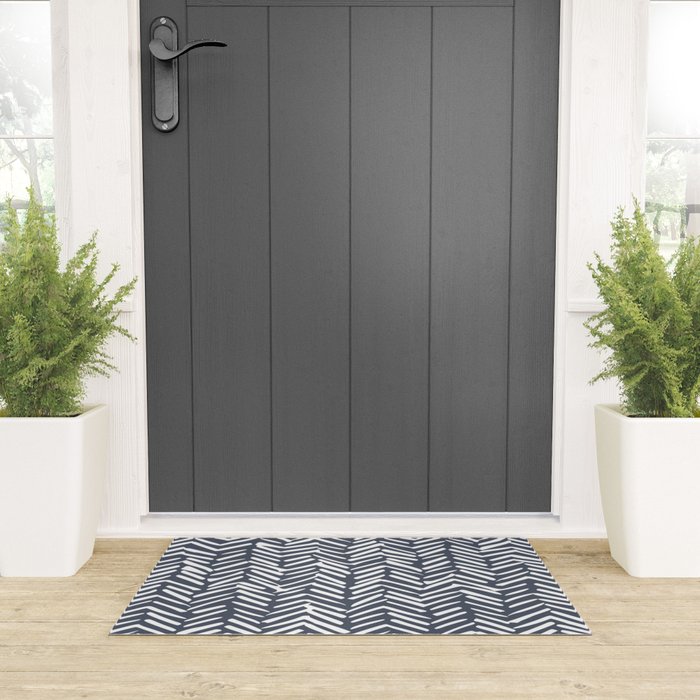 Abstract Herringbone, Striped Pattern, Blue and White Welcome Mat Gallery Image 3