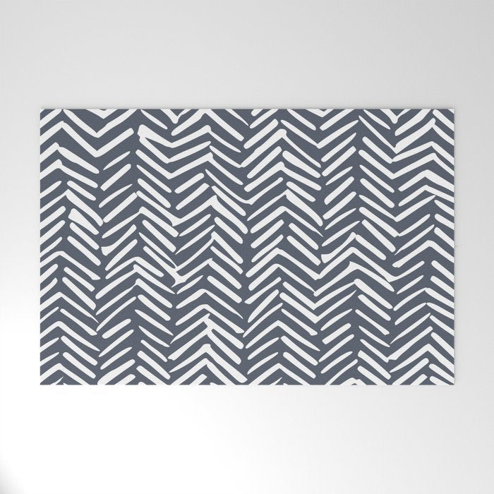 Abstract Herringbone, Striped Pattern, Blue and White Welcome Mat Gallery Image 1