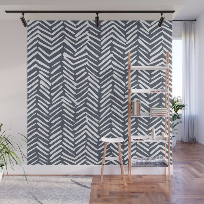 Abstract Herringbone, Striped Pattern, Blue and White Wall Mural Gallery Image 1