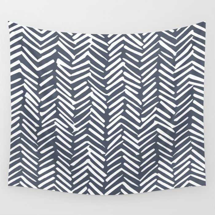 Abstract Herringbone, Striped Pattern, Blue and White Wall Tapestry Gallery Image 1