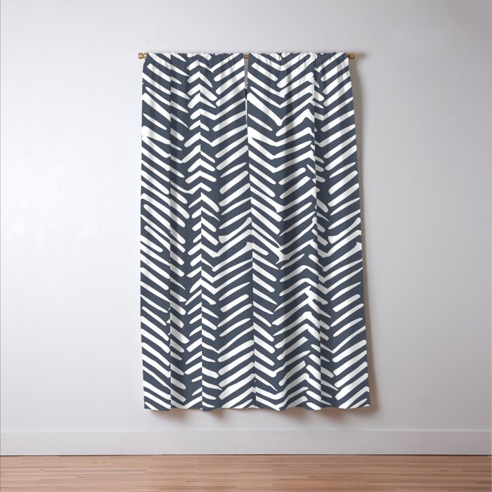 Abstract Herringbone, Striped Pattern, Blue and White Window Curtain Gallery Image 3
