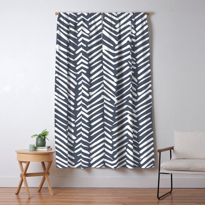 Abstract Herringbone, Striped Pattern, Blue and White Window Curtain Gallery Image 5