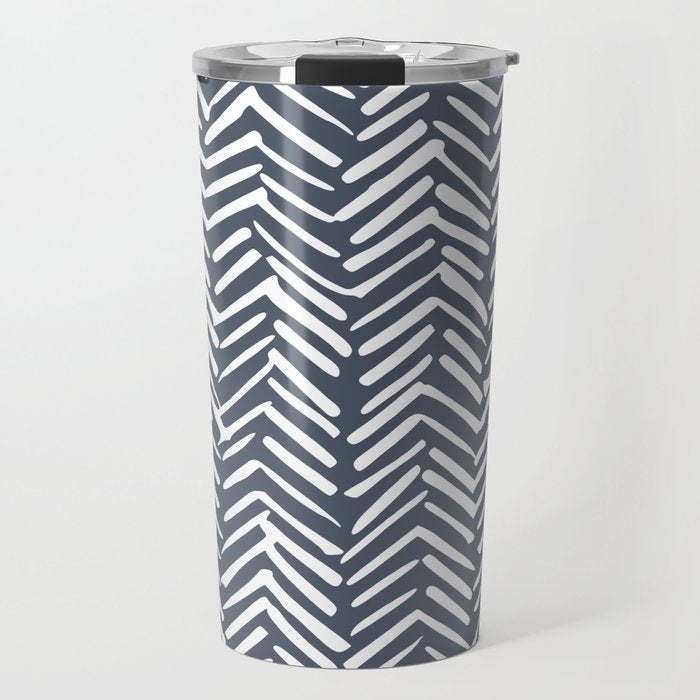 Abstract Herringbone, Striped Pattern, Blue and White Travel Mug Gallery Image 1