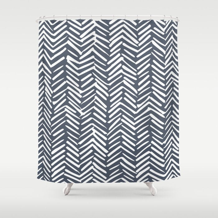 Abstract Herringbone, Striped Pattern, Blue and White Shower Curtain Gallery Image 1