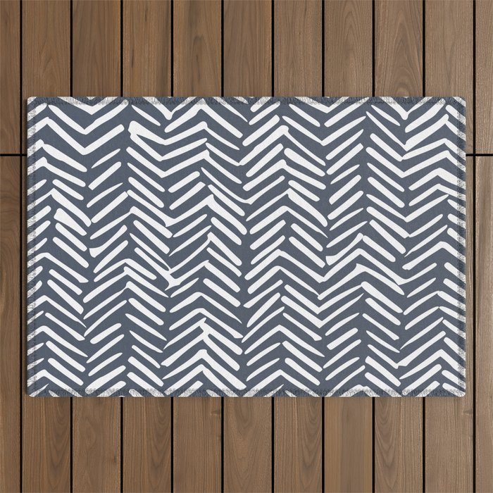 Abstract Herringbone, Striped Pattern, Blue and White Outdoor Rug Gallery Image 1