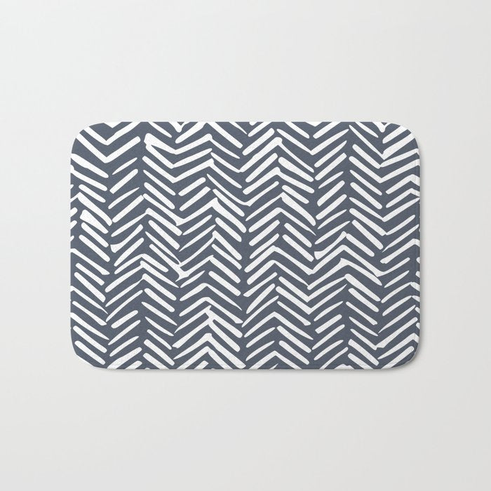 Abstract Herringbone, Striped Pattern, Blue and White Bath Mat Gallery Image 1