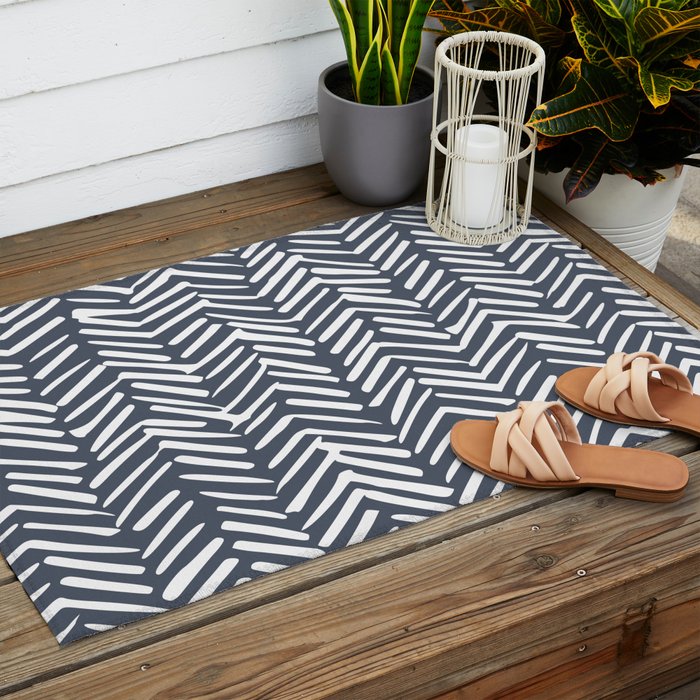 Abstract Herringbone, Striped Pattern, Blue and White Outdoor Rug Gallery Image 2