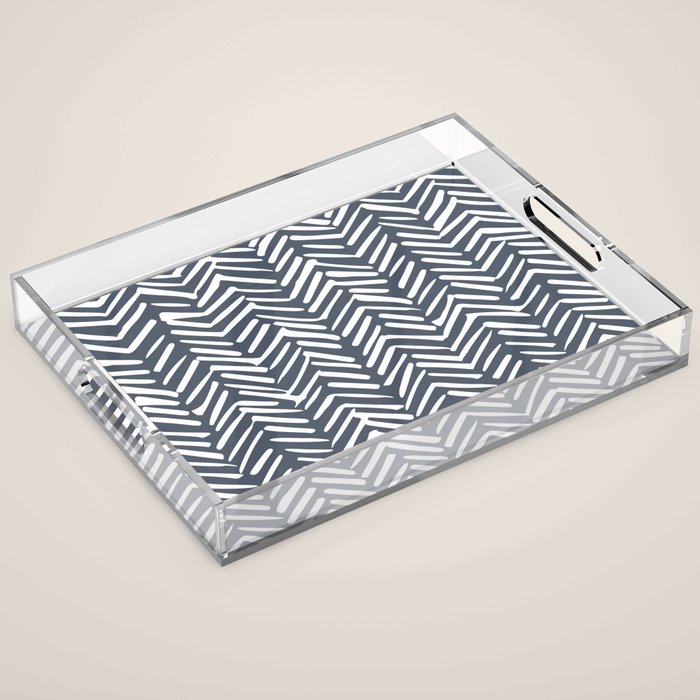 Abstract Herringbone, Striped Pattern, Blue and White Acrylic Tray Gallery Image 1